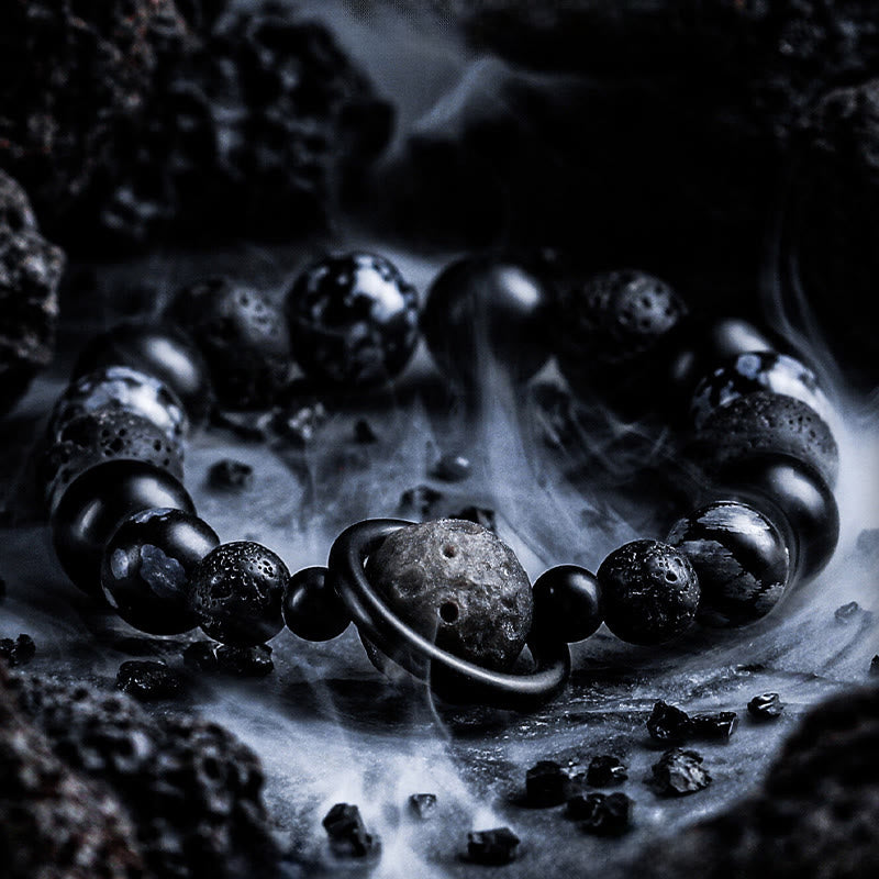 Bracelet à perles Olivenorma en pierre de lave et obsidienne avec breloque planète - 18-19 cm - image 0