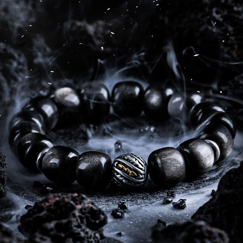 Bracelet à breloques Olivenorma en obsidienne argentée avec symbole torsadé gravé - image 2