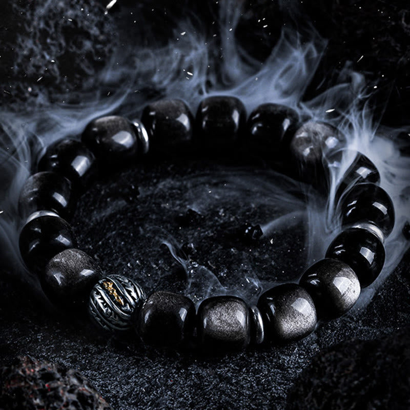 Bracelet à breloques Olivenorma en obsidienne argentée avec symbole torsadé gravé - image 1