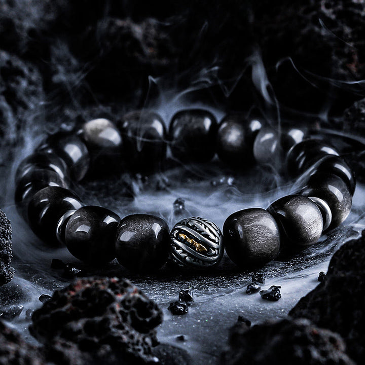 Bracelet à breloques Olivenorma en obsidienne argentée avec symbole torsadé gravé - 18-19 cm - image 0