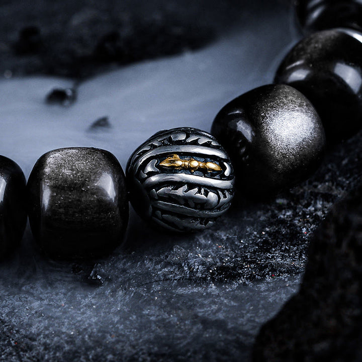 Bracelet à breloques Olivenorma en obsidienne argentée avec symbole torsadé gravé - image 3