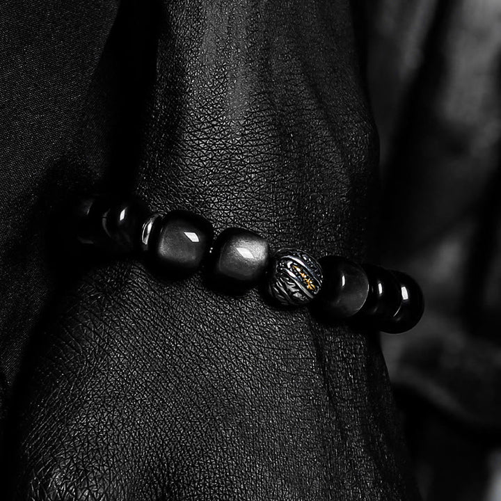 Bracelet à breloques Olivenorma en obsidienne argentée avec symbole torsadé gravé - image 5