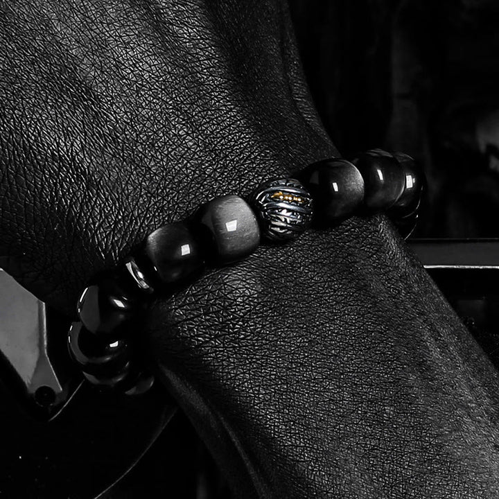 Bracelet à breloques Olivenorma en obsidienne argentée avec symbole torsadé gravé - image 4