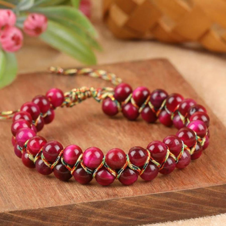 Bracelet Olivenorma œil de tigre à double rangée de perles tressées ajustables - Œil de tigre rose - image 6