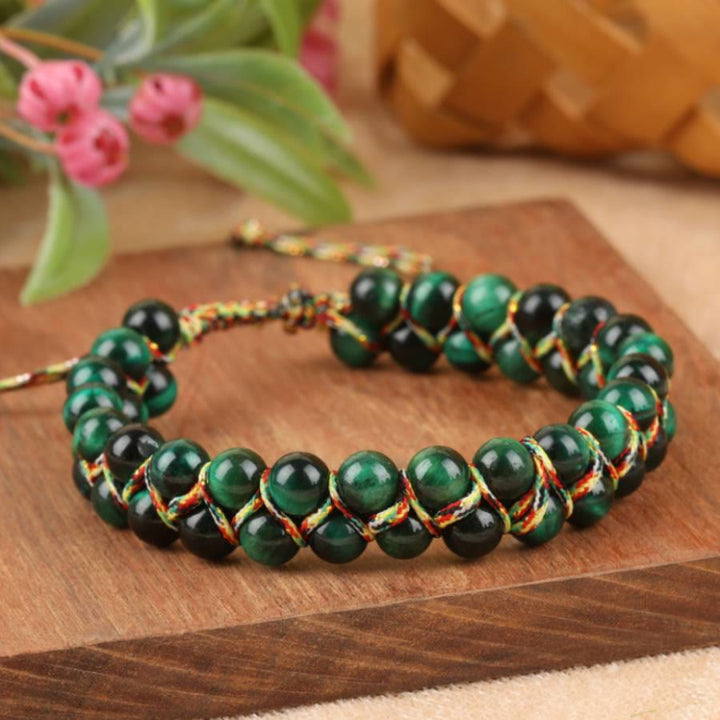 Bracelet Olivenorma œil de tigre à double rangée de perles tressées ajustables - image 1