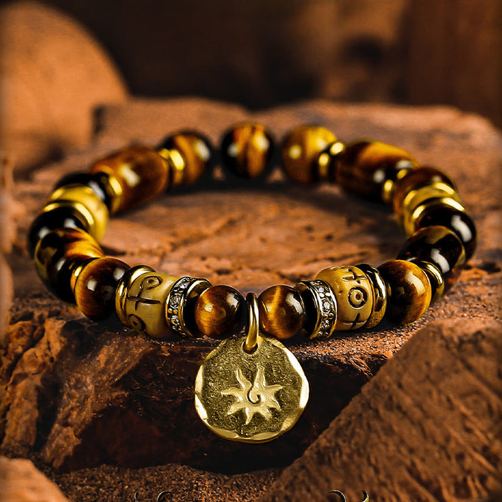 Bracelet à perles gravé avec breloque soleil en pierre œil de tigre Olivenorma - 18-19 cm - image 0