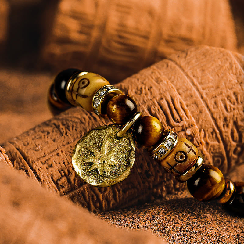 Bracelet à perles gravé avec breloque soleil en pierre œil de tigre Olivenorma - image 2