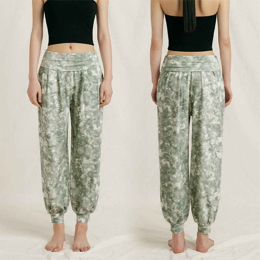 Pantalon de yoga décontracté Olivenorma taille haute plissé à revers pour femme - Vert floral - L - image 1