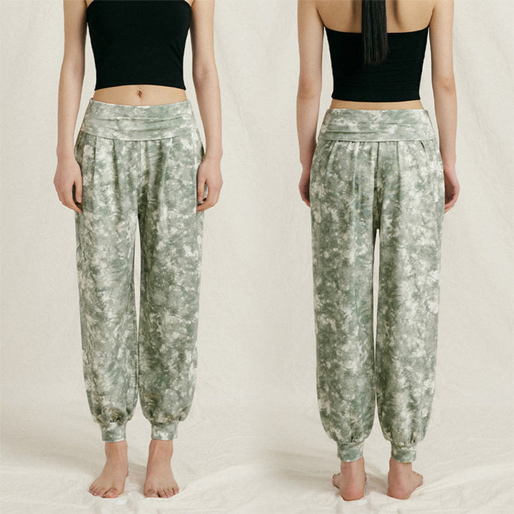 Pantalon de yoga décontracté Olivenorma taille haute plissé à revers pour femme - Vert floral - L - image 1