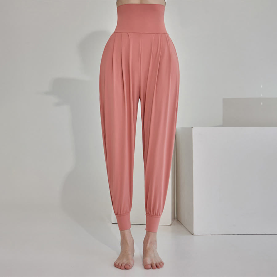 Pantalon de jogging ample plissé à taille ultra haute Olivenorma pour femme, style harem, idéal pour le yoga. - Corail - L - image 31