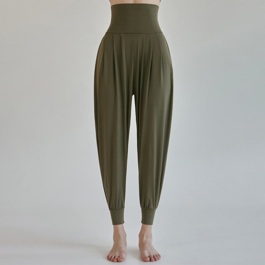 Pantalon de jogging ample plissé à taille ultra haute Olivenorma pour femme, style harem, idéal pour le yoga. - Vert foncé - L - image 17