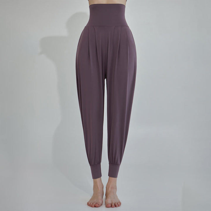 Pantalon de jogging ample plissé à taille ultra haute Olivenorma pour femme, style harem, idéal pour le yoga. - Violet profond - L - image 6
