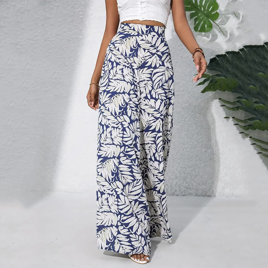 Pantalon Olivenorma à imprimé feuilles tropicales, taille haute et jambes larges pour femme - Marine Blanc - XXL - image 2