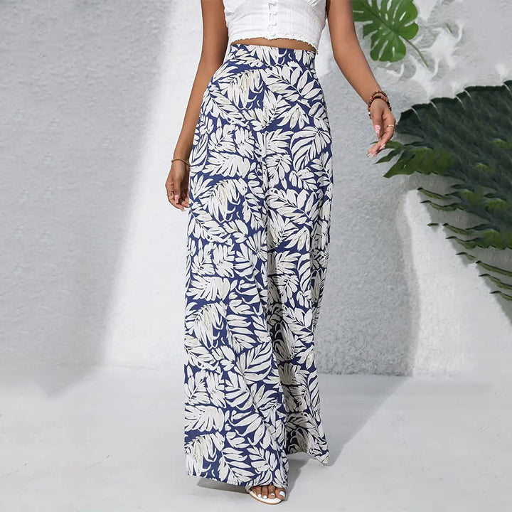 Pantalon Olivenorma à imprimé feuilles tropicales, taille haute et jambes larges pour femme - Marine Blanc - XXL - image 2