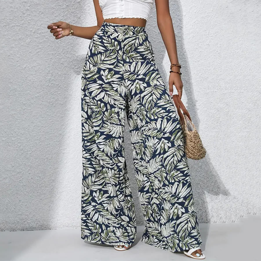 Pantalon Olivenorma à imprimé feuilles tropicales, taille haute et jambes larges pour femme - Vert marine - XXL - image 10