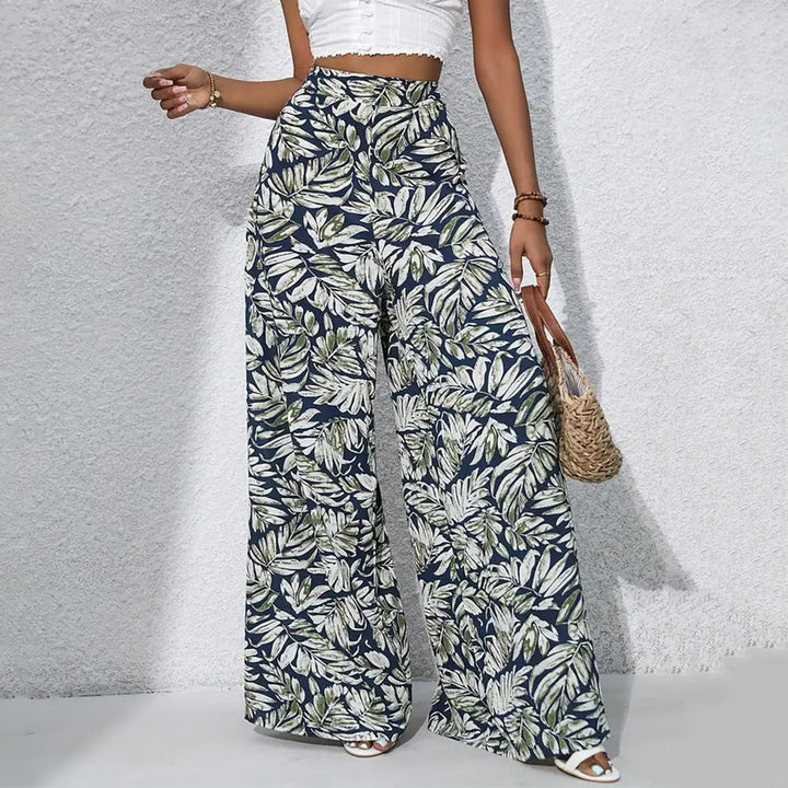 Pantalon Olivenorma à imprimé feuilles tropicales, taille haute et jambes larges pour femme - Vert marine - XXL - image 10