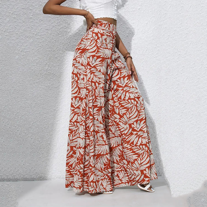 Pantalon Olivenorma à imprimé feuilles tropicales, taille haute et jambes larges pour femme - Blanc rouille - XXL - image 12