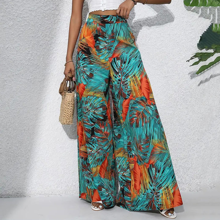 Pantalon Olivenorma à imprimé feuilles tropicales, taille haute et jambes larges pour femme - image 9