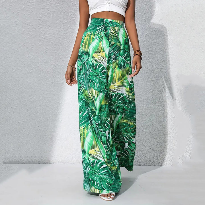 Pantalon Olivenorma à imprimé feuilles tropicales, taille haute et jambes larges pour femme - Monstera verte - XXL - image 6