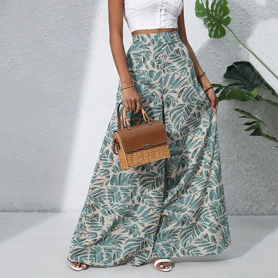 Pantalon Olivenorma à imprimé feuilles tropicales, taille haute et jambes larges pour femme - image 1