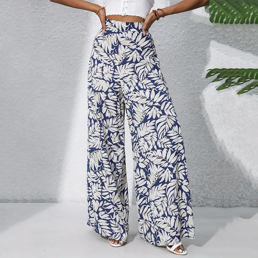 Pantalon Olivenorma à imprimé feuilles tropicales, taille haute et jambes larges pour femme - image 5