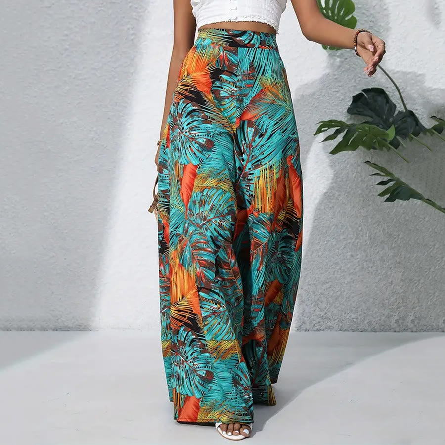 Pantalon Olivenorma à imprimé feuilles tropicales, taille haute et jambes larges pour femme - Turquoise Orange - XXL - image 8