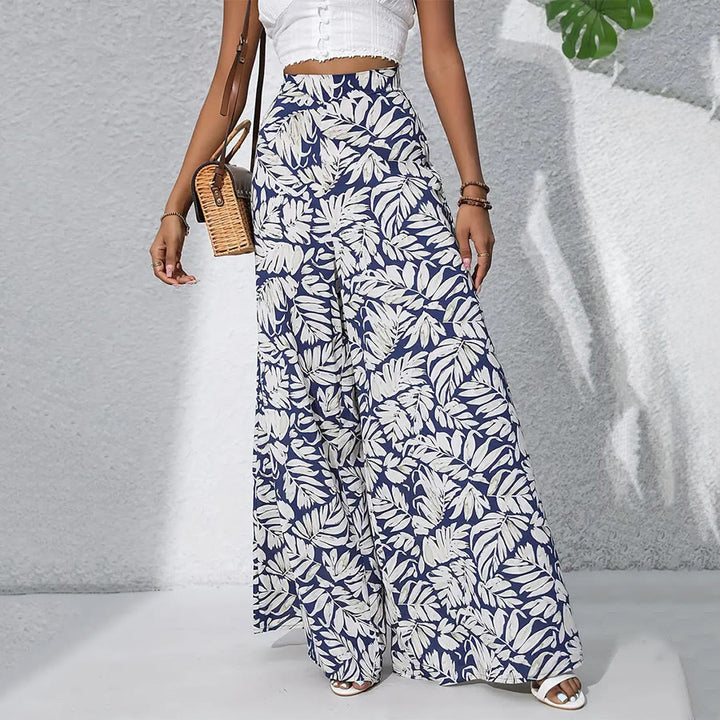 Pantalon Olivenorma à imprimé feuilles tropicales, taille haute et jambes larges pour femme - image 4