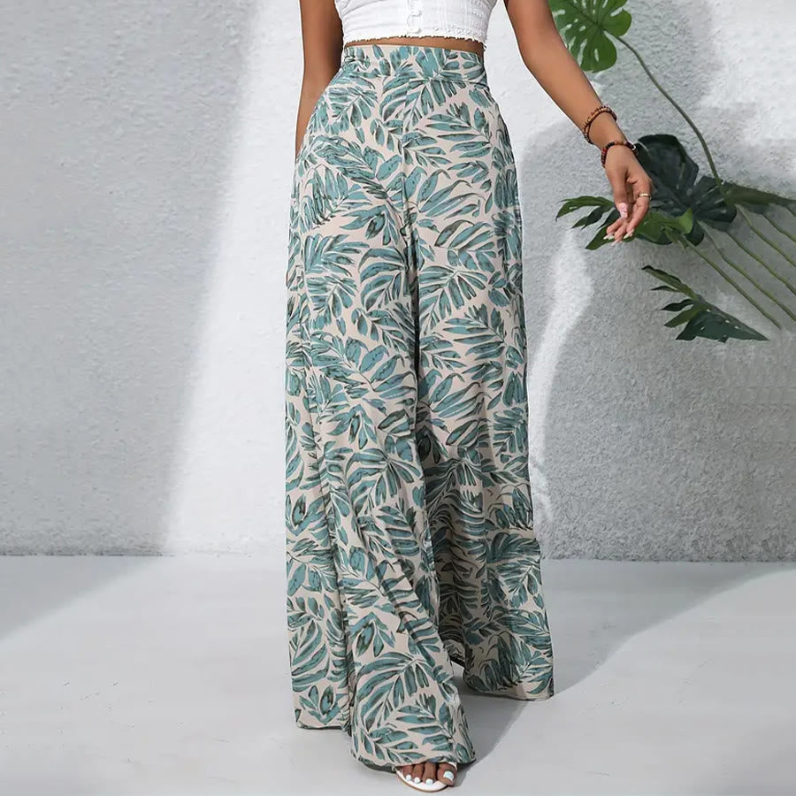Pantalon Olivenorma à imprimé feuilles tropicales, taille haute et jambes larges pour femme - Beige sauge - XXL - image 0