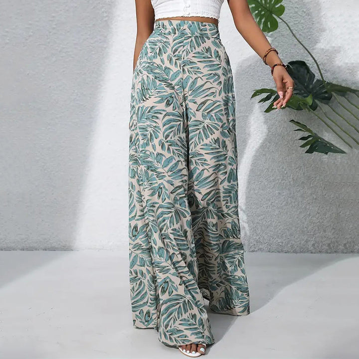 Pantalon Olivenorma à imprimé feuilles tropicales, taille haute et jambes larges pour femme - Beige sauge - XXL - image 0