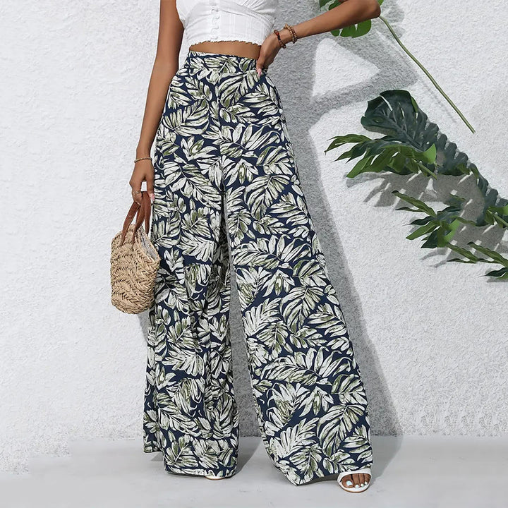 Pantalon Olivenorma à imprimé feuilles tropicales, taille haute et jambes larges pour femme - image 11