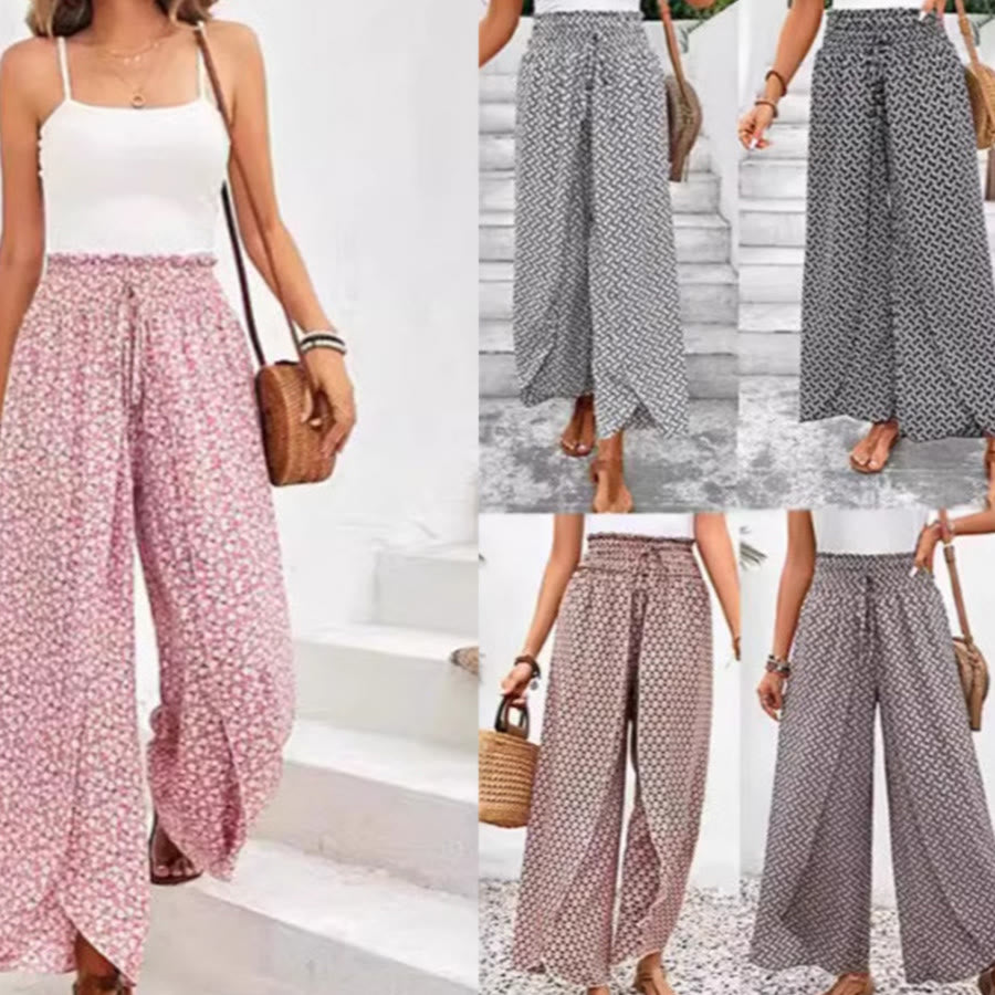 Pantalon Olivenorma à imprimé floral, taille haute et jambes larges, avec cordon de serrage - image 5
