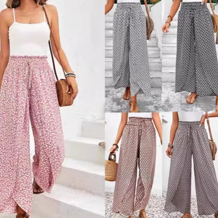 Pantalon Olivenorma à imprimé floral, taille haute et jambes larges, avec cordon de serrage - image 5