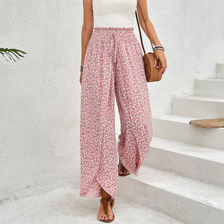 Pantalon Olivenorma à imprimé floral, taille haute et jambes larges, avec cordon de serrage - image 1