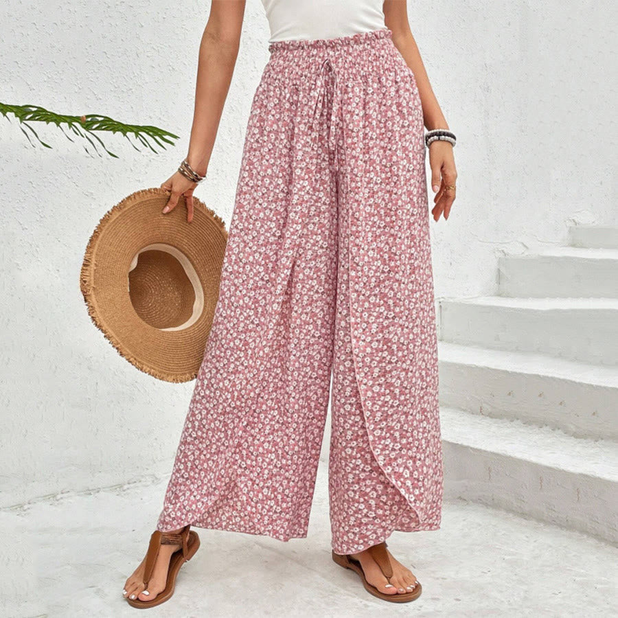 Pantalon Olivenorma à imprimé floral, taille haute et jambes larges, avec cordon de serrage - Rose - XL - image 0