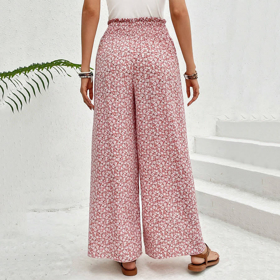 Pantalon Olivenorma à imprimé floral, taille haute et jambes larges, avec cordon de serrage - image 2