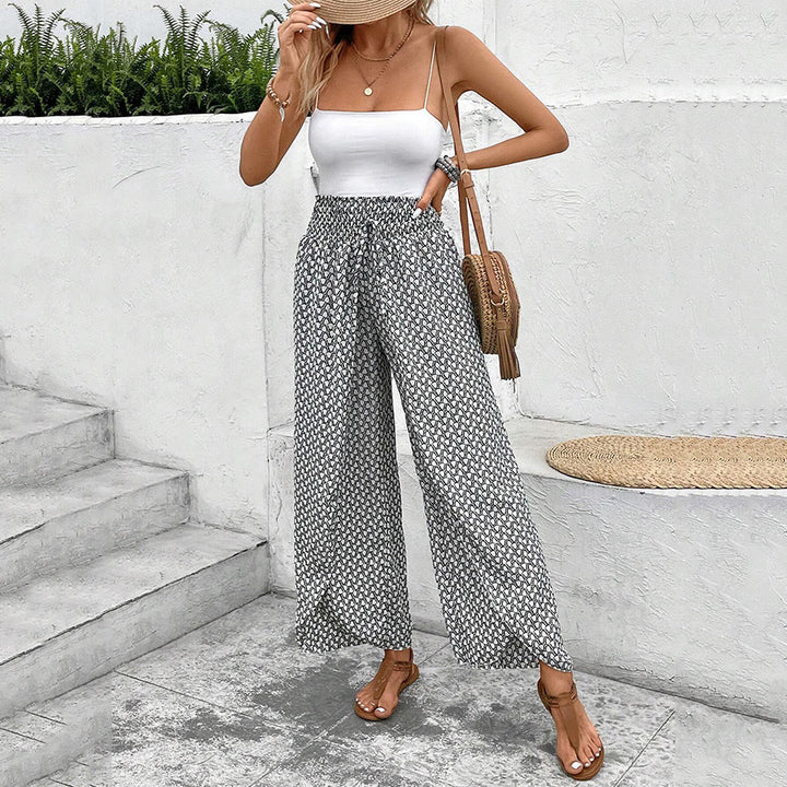 Pantalon Olivenorma à imprimé floral, taille haute et jambes larges, avec cordon de serrage - image 9