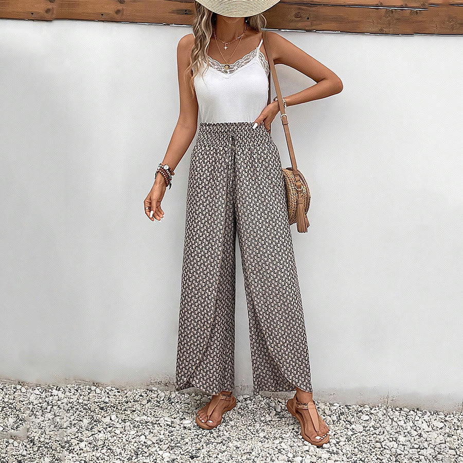 Pantalon Olivenorma à imprimé floral, taille haute et jambes larges, avec cordon de serrage - image 22
