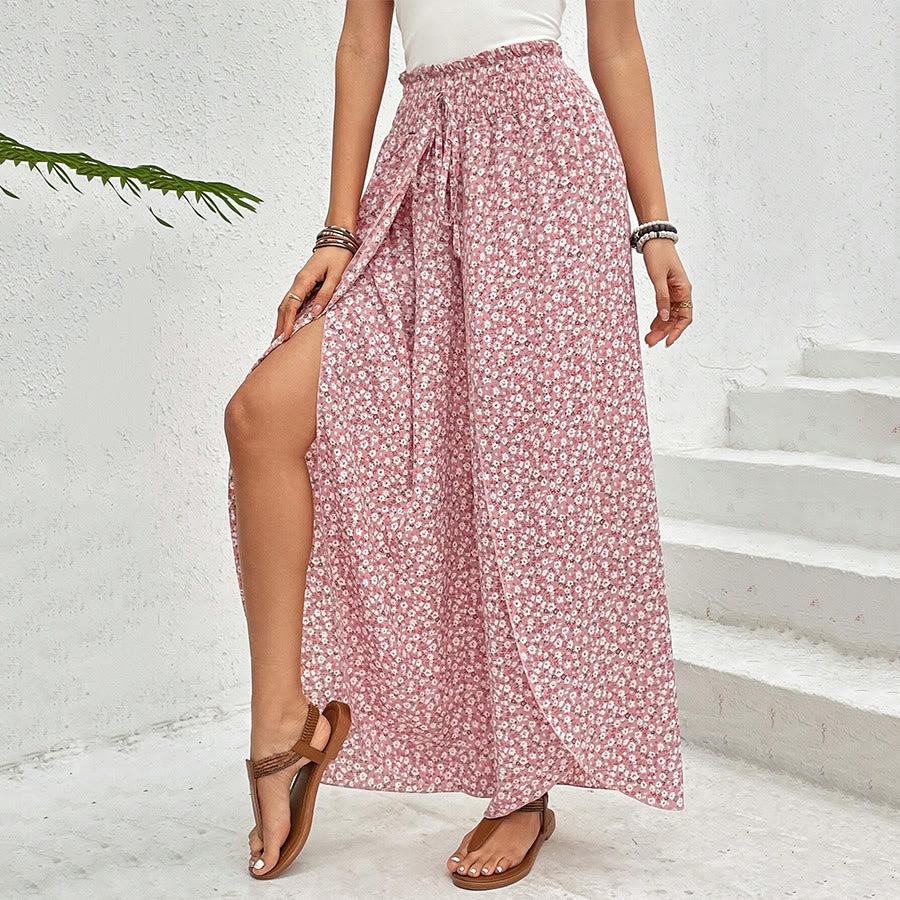 Pantalon Olivenorma à imprimé floral, taille haute et jambes larges, avec cordon de serrage - image 3