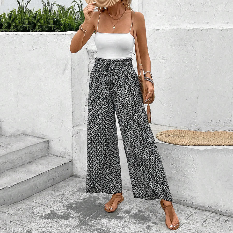 Pantalon Olivenorma à imprimé floral, taille haute et jambes larges, avec cordon de serrage - image 12