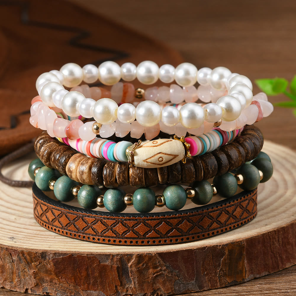 Bracelet ethnique bohème Olivenorma empilable à plusieurs couches avec breloques en plumes, fait main - Pierre pastel - image 3