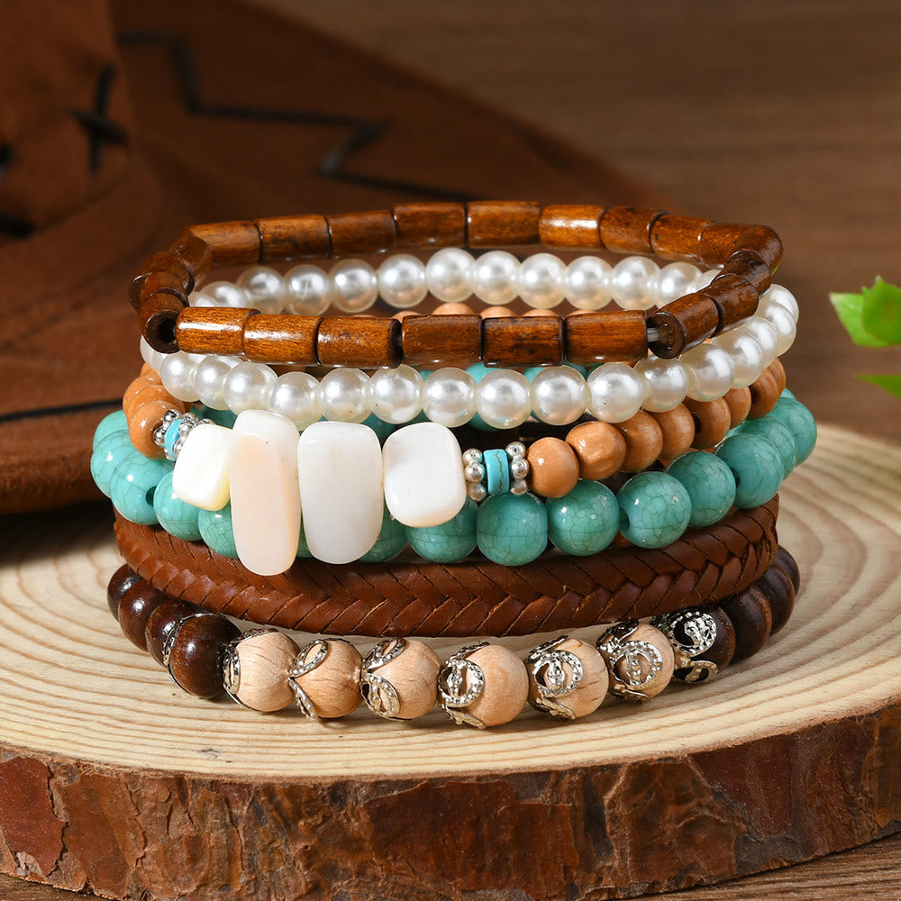 Bracelet ethnique bohème Olivenorma empilable à plusieurs couches avec breloques en plumes, fait main - Coquillage turquoise - image 31