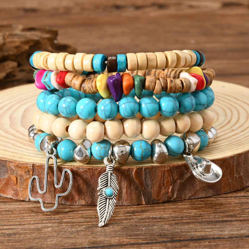 Bracelet ethnique bohème Olivenorma empilable à plusieurs couches avec breloques en plumes, fait main - Cactus Turquoise - image 41