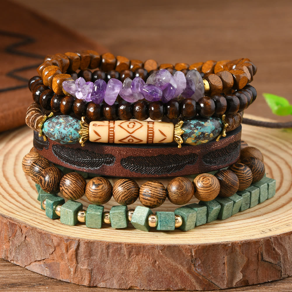 Bracelet ethnique bohème Olivenorma empilable à plusieurs couches avec breloques en plumes, fait main - Turquoise améthyste - image 11