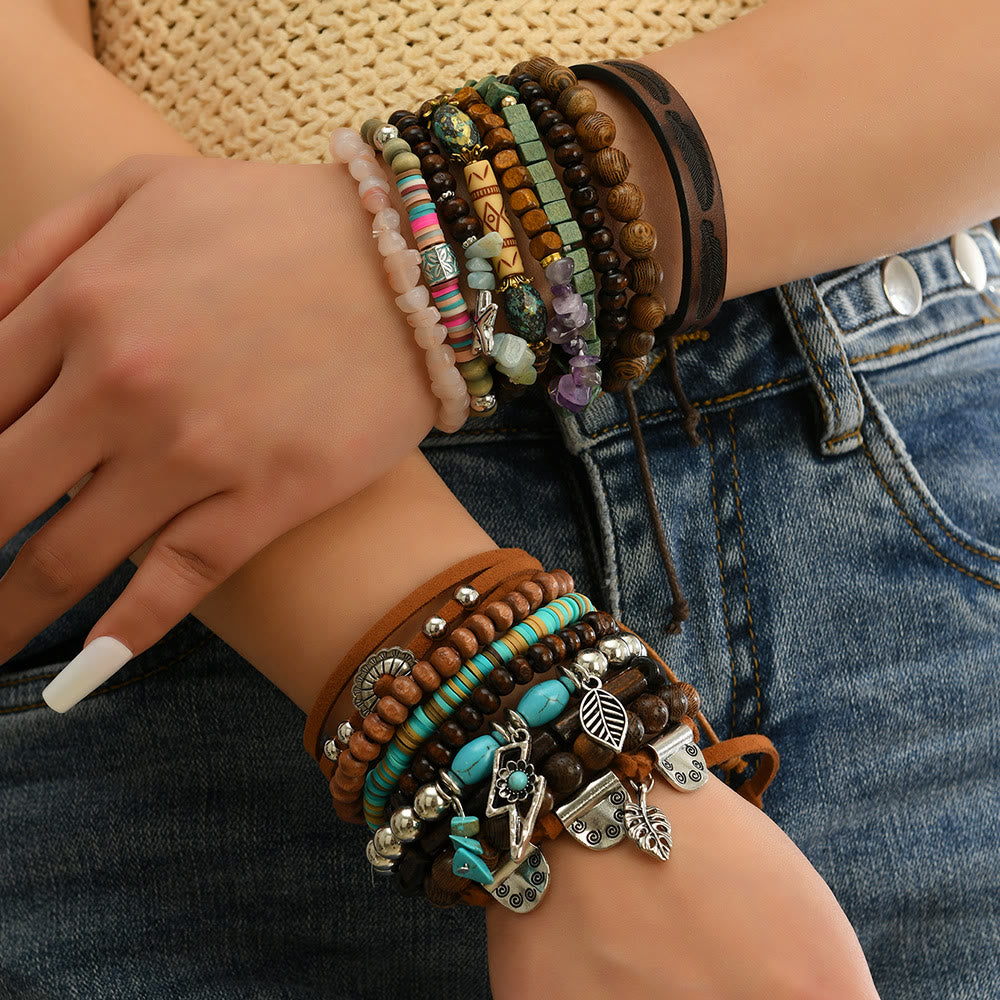 Bracelet ethnique bohème Olivenorma empilable à plusieurs couches avec breloques en plumes, fait main - image 28
