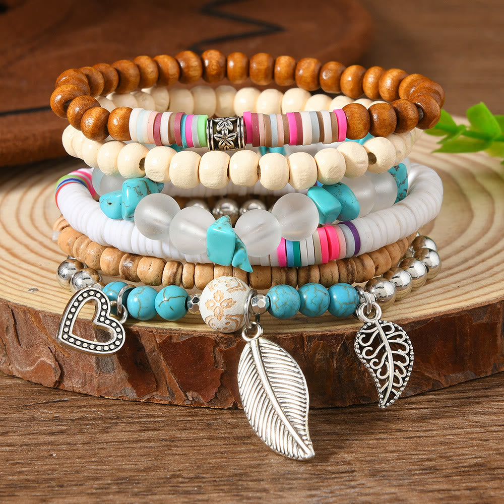 Bracelet ethnique bohème Olivenorma empilable à plusieurs couches avec breloques en plumes, fait main - Pendentif feuille - image 7