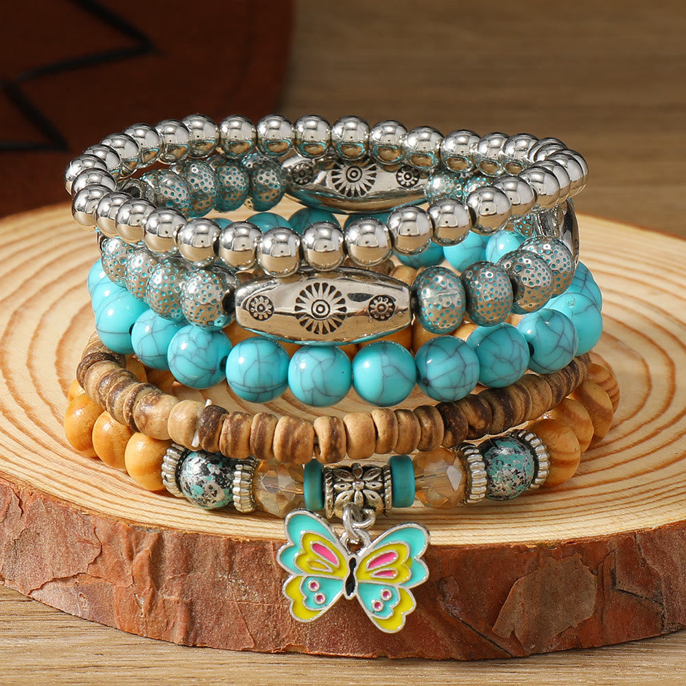 Bracelet ethnique bohème Olivenorma empilable à plusieurs couches avec breloques en plumes, fait main - Turquoise papillon - image 35