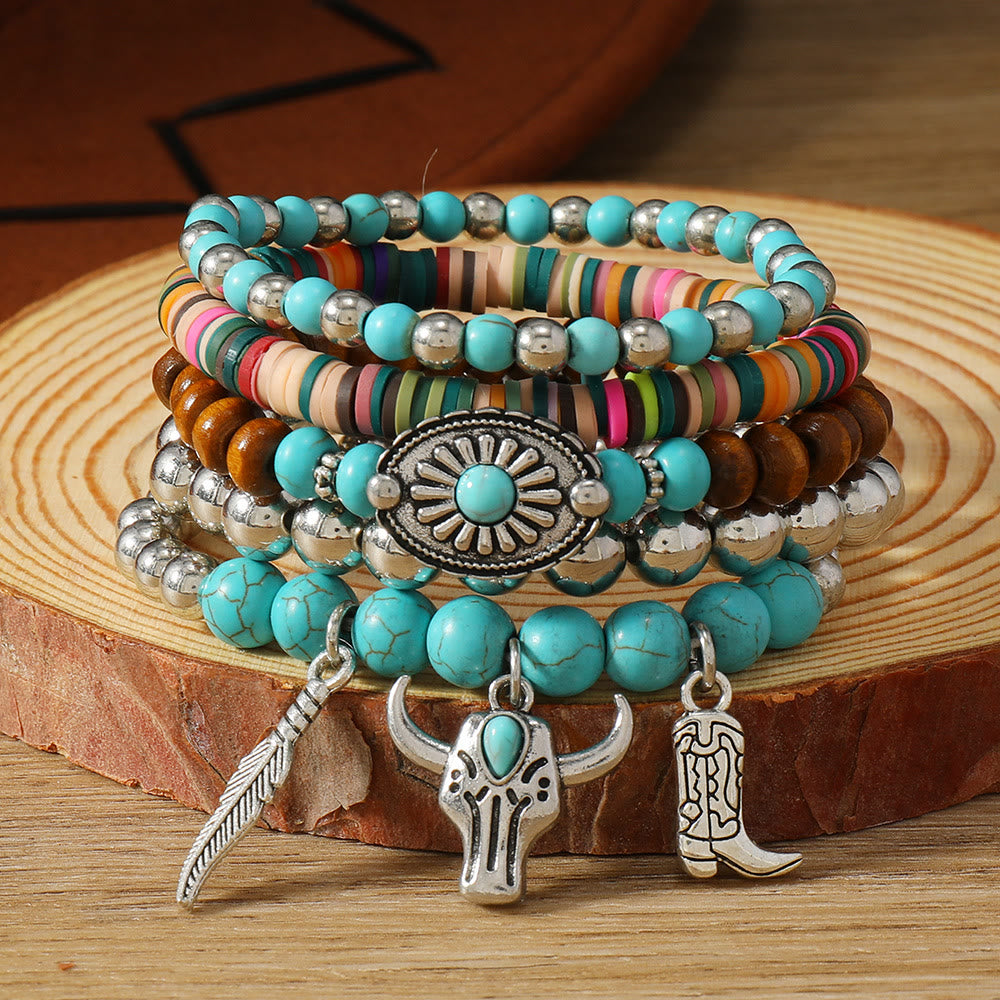 Bracelet ethnique bohème Olivenorma empilable à plusieurs couches avec breloques en plumes, fait main - Pompon turquoise - image 33