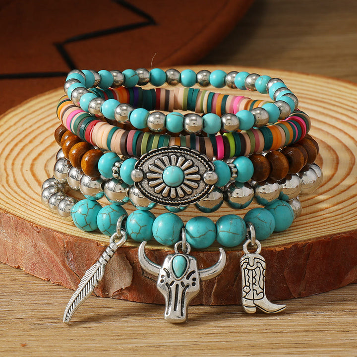Bracelet ethnique bohème Olivenorma empilable à plusieurs couches avec breloques en plumes, fait main - Pompon turquoise - image 33