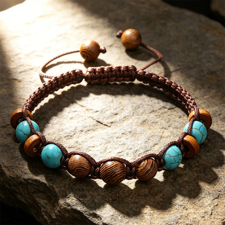 Bracelet tressé à perles Olivenorma ajustable avec nœud coulissant - Turquoise et bois - image 5