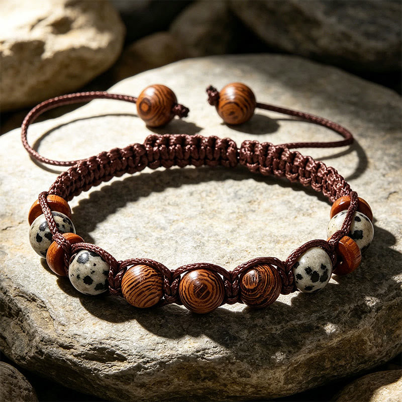 Bracelet tressé à perles Olivenorma ajustable avec nœud coulissant - Jaspe dalmatien et bois - image 3